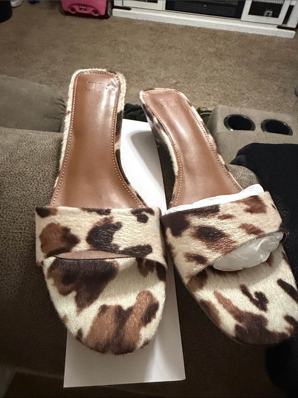 JustFab Leopard Print Calf-Hair Slide Sandals in Brown and Cream